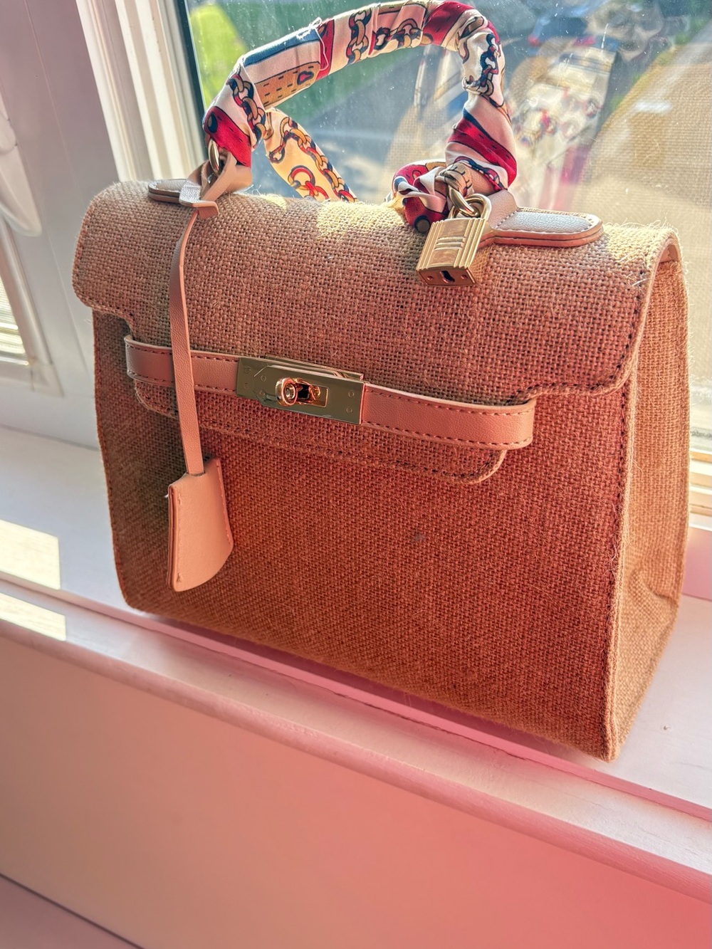 Kendall & Kylie Tan Woven Satchel with Scarf-Wrapped Handle